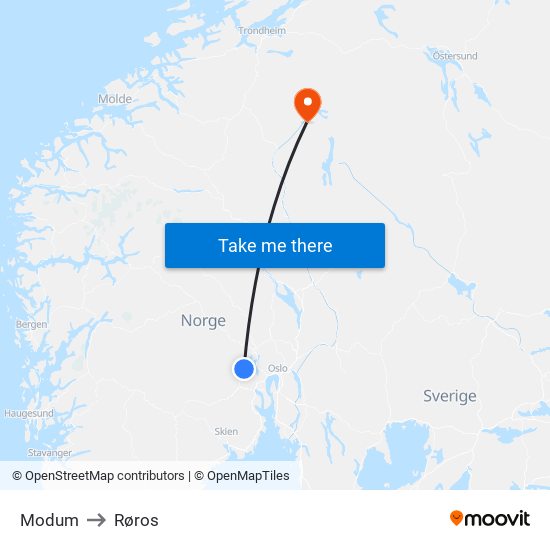 Modum to Røros map