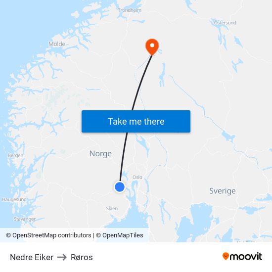 Nedre Eiker to Røros map