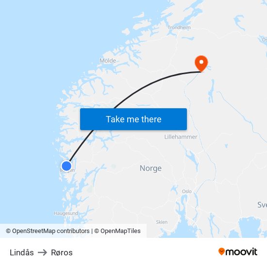 Lindås to Røros map