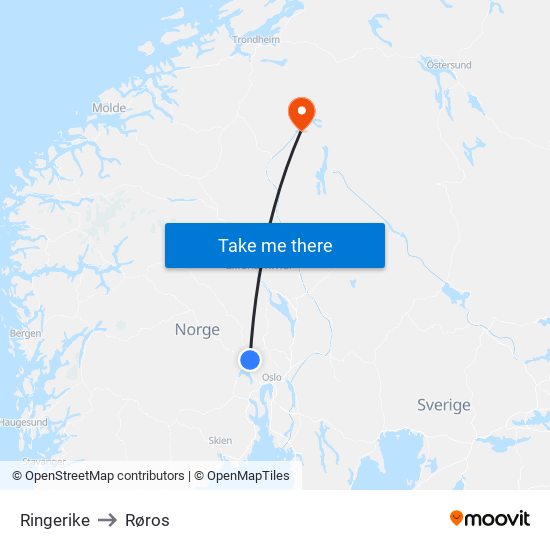 Ringerike to Røros map