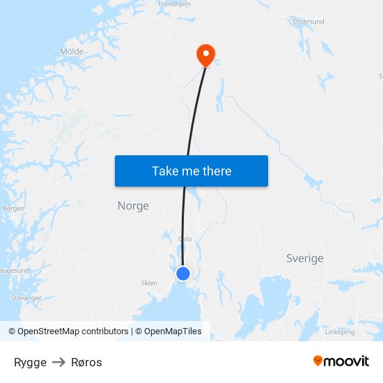 Rygge to Røros map