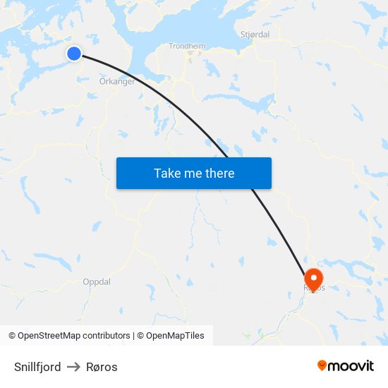 Snillfjord to Røros map