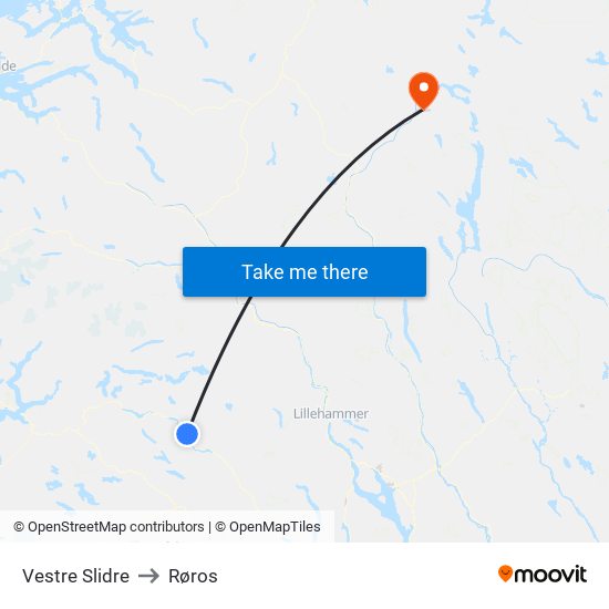 Vestre Slidre to Røros map