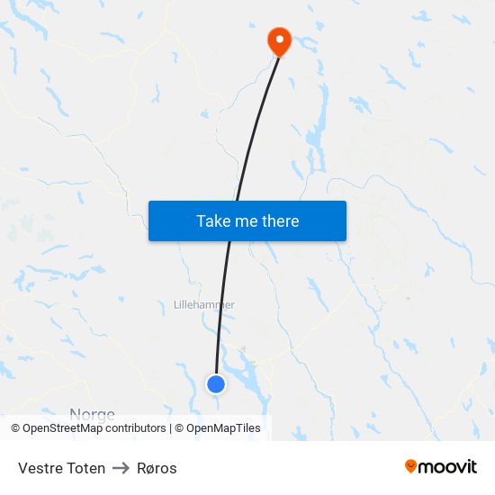 Vestre Toten to Røros map