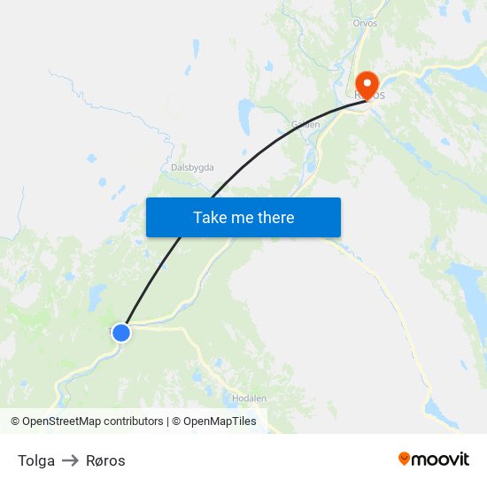 Tolga to Røros map