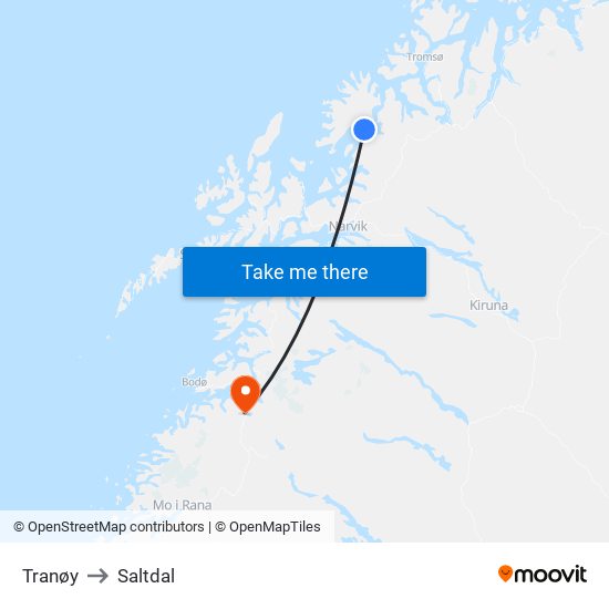 Tranøy to Saltdal map