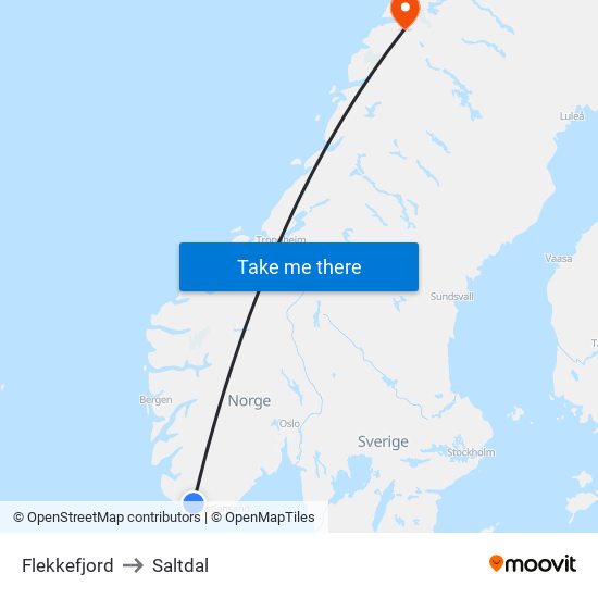 Flekkefjord to Saltdal map