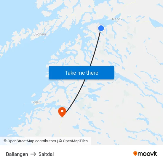 Ballangen to Saltdal map