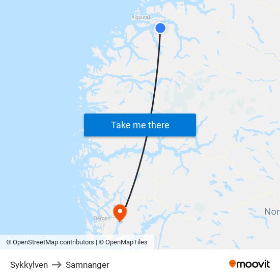 Sykkylven to Samnanger map