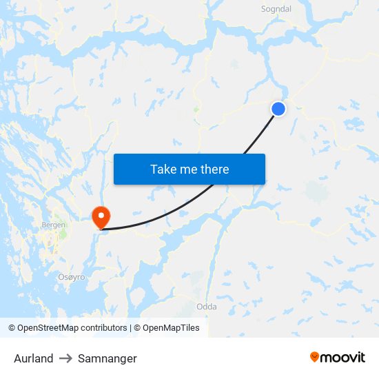 Aurland to Samnanger map