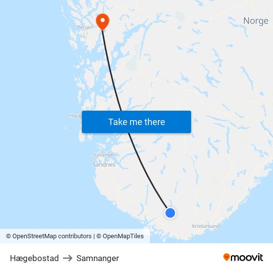 Hægebostad to Samnanger map