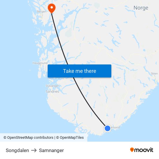 Songdalen to Samnanger map