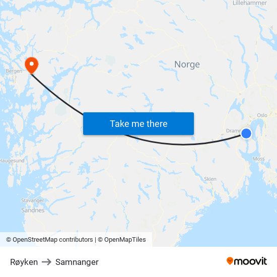 Røyken to Samnanger map