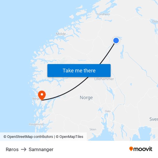 Røros to Samnanger map