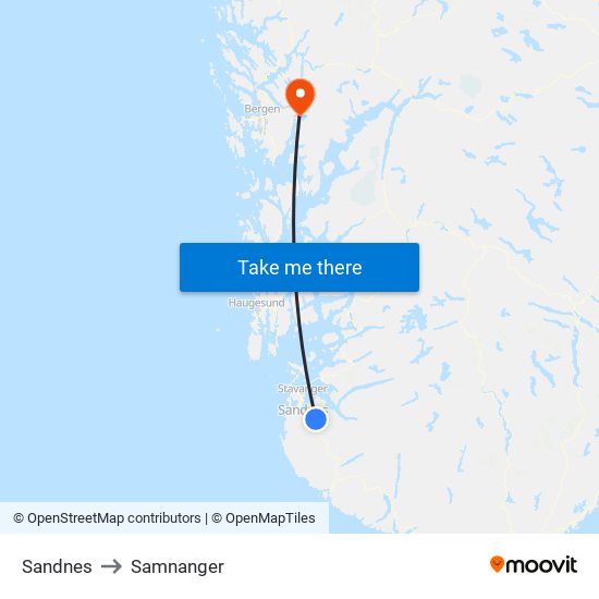 Sandnes to Samnanger map