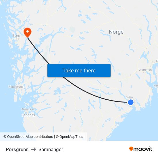 Porsgrunn to Samnanger map