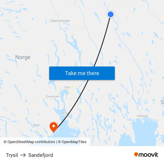 Trysil to Sandefjord map