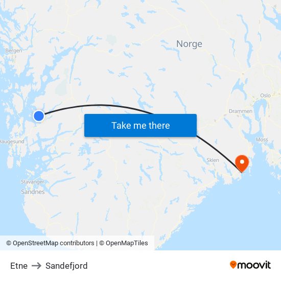 Etne to Sandefjord map