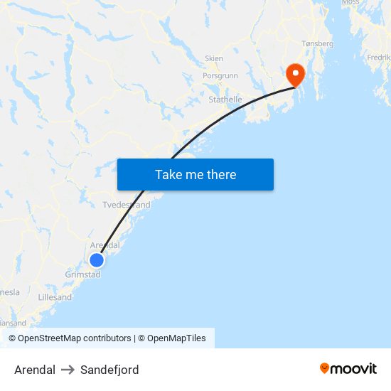 Arendal to Sandefjord map