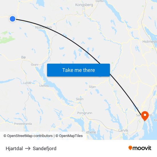 Hjartdal to Sandefjord map