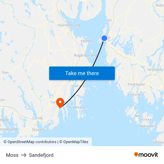Moss to Sandefjord map