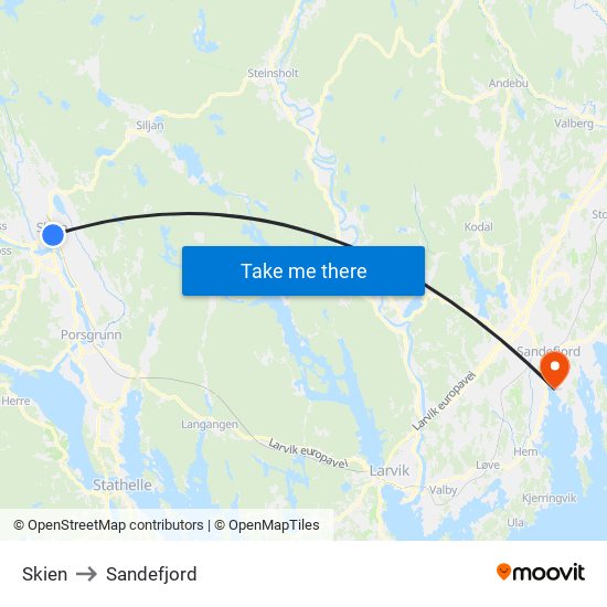 Skien to Sandefjord map