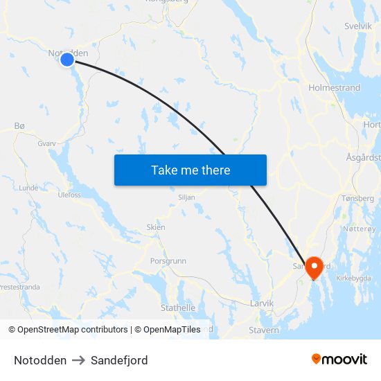 Notodden to Sandefjord map