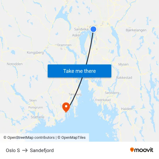 Oslo S to Sandefjord map