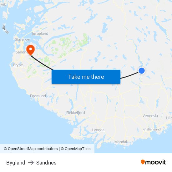 Bygland to Sandnes map