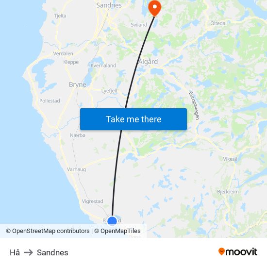 Hå to Sandnes map