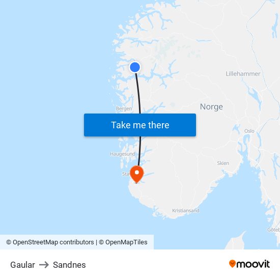 Gaular to Sandnes map