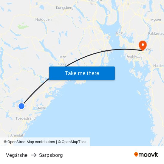 Vegårshei to Sarpsborg map