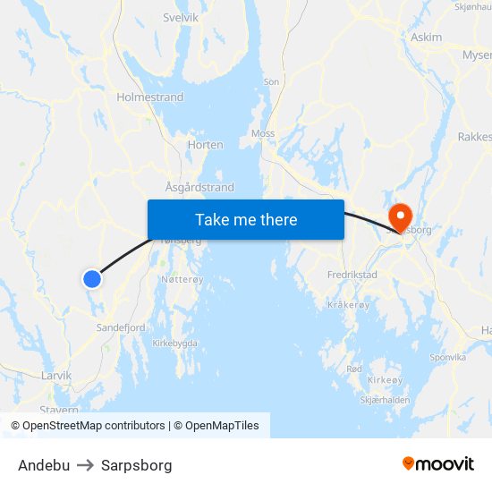 Andebu to Sarpsborg map