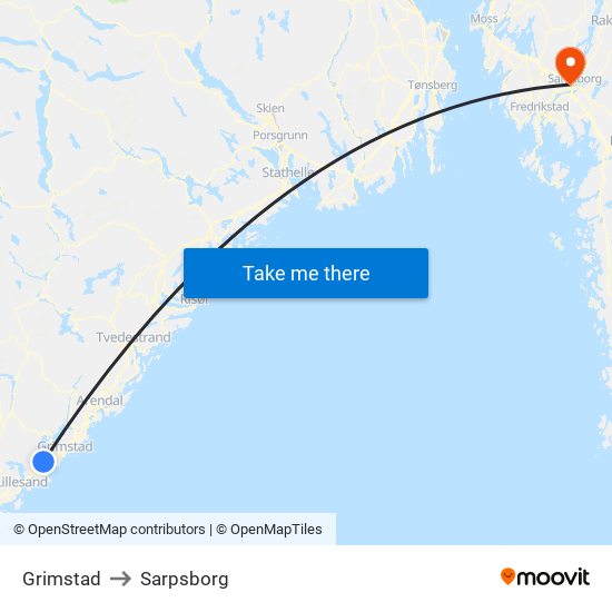 Grimstad to Sarpsborg map