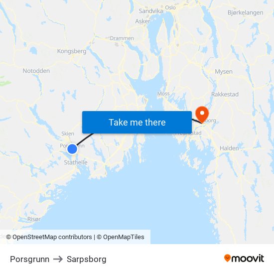 Porsgrunn to Sarpsborg map