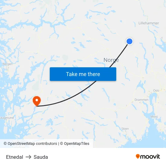 Etnedal to Sauda map