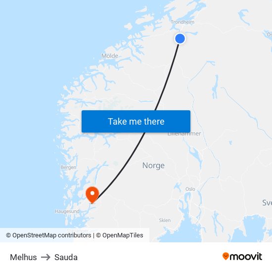 Melhus to Sauda map