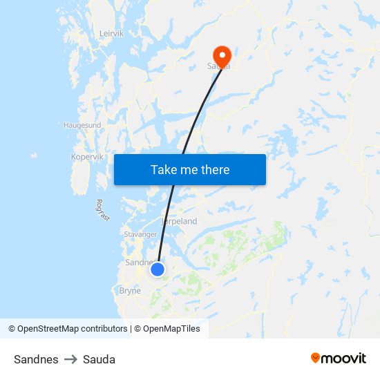 Sandnes to Sauda map