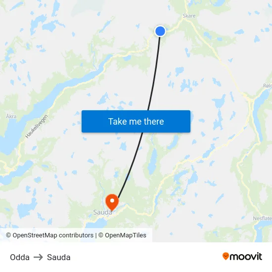 Odda to Sauda map