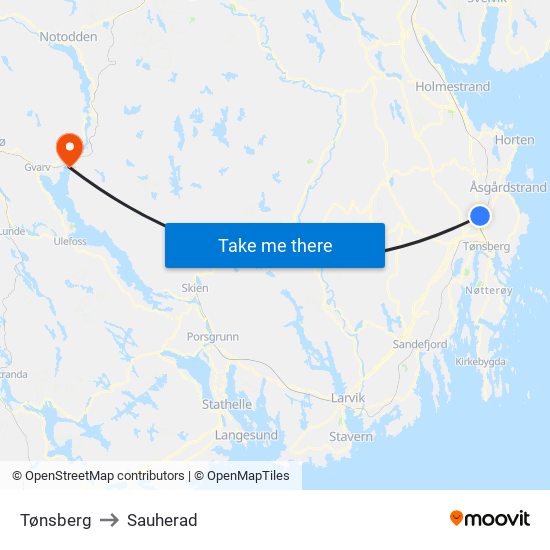 Tønsberg to Sauherad map