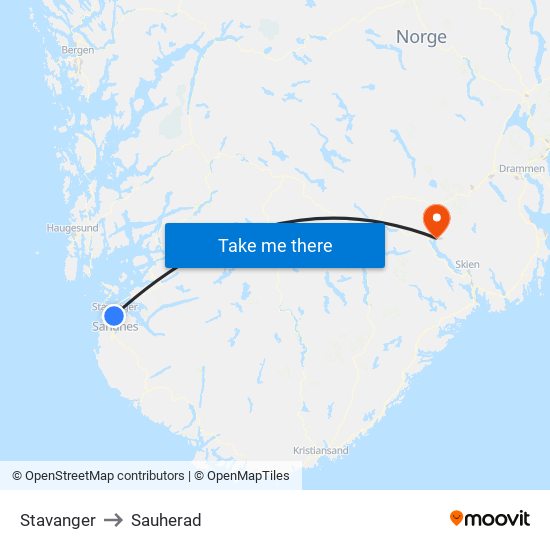 Stavanger to Sauherad map