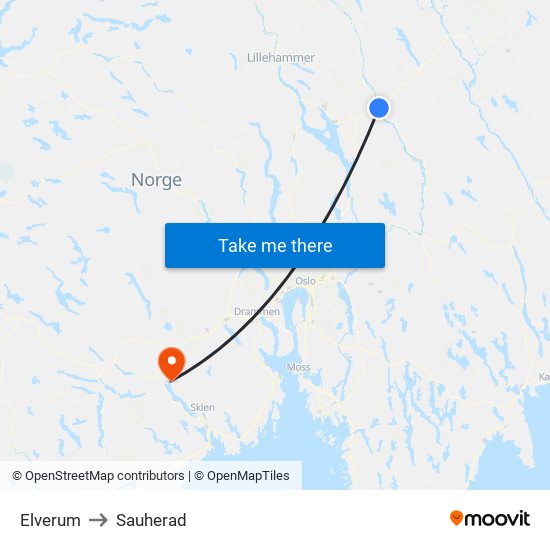 Elverum to Sauherad map