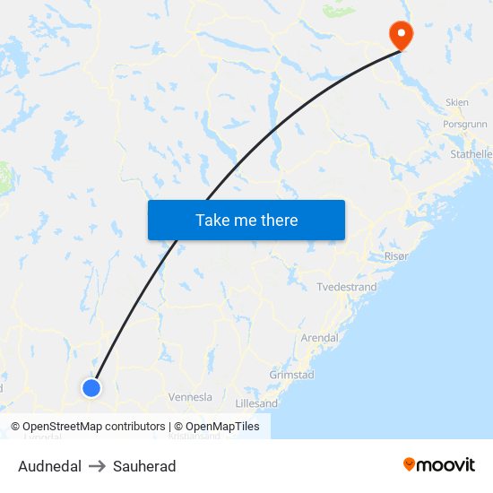 Audnedal to Sauherad map