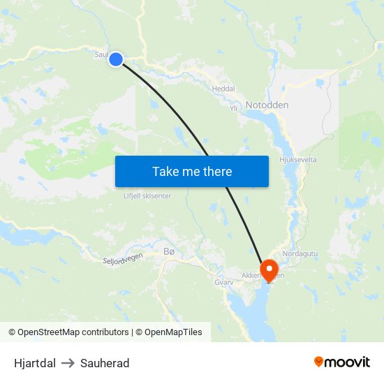Hjartdal to Sauherad map