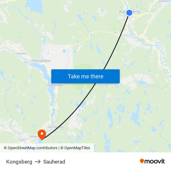 Kongsberg to Sauherad map