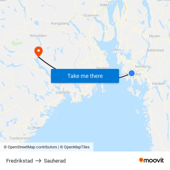 Fredrikstad to Sauherad map