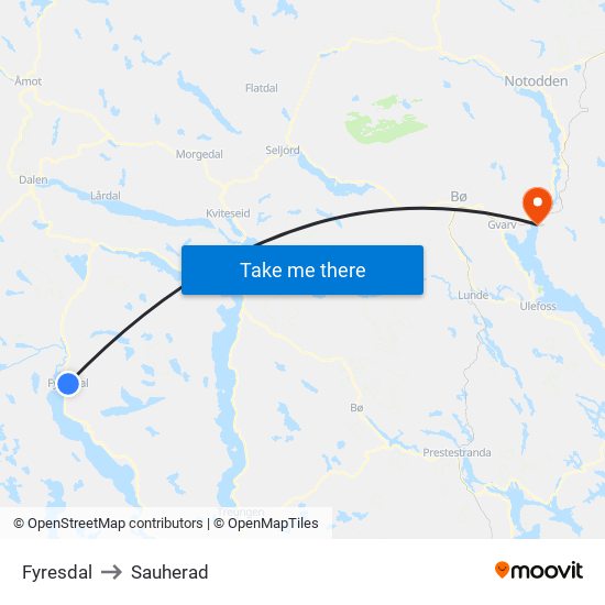 Fyresdal to Sauherad map