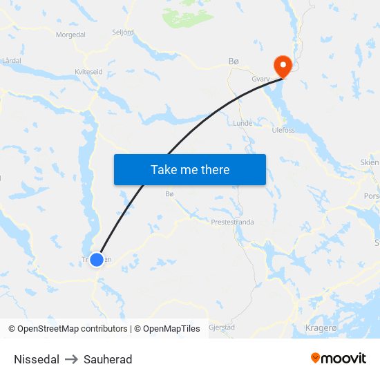 Nissedal to Sauherad map