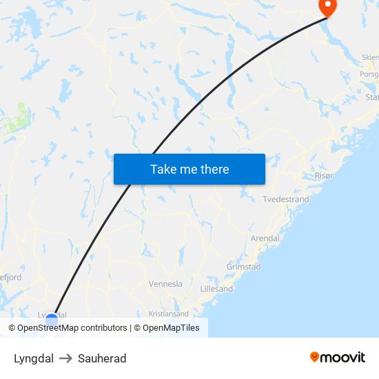 Lyngdal to Sauherad map