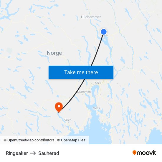 Ringsaker to Sauherad map